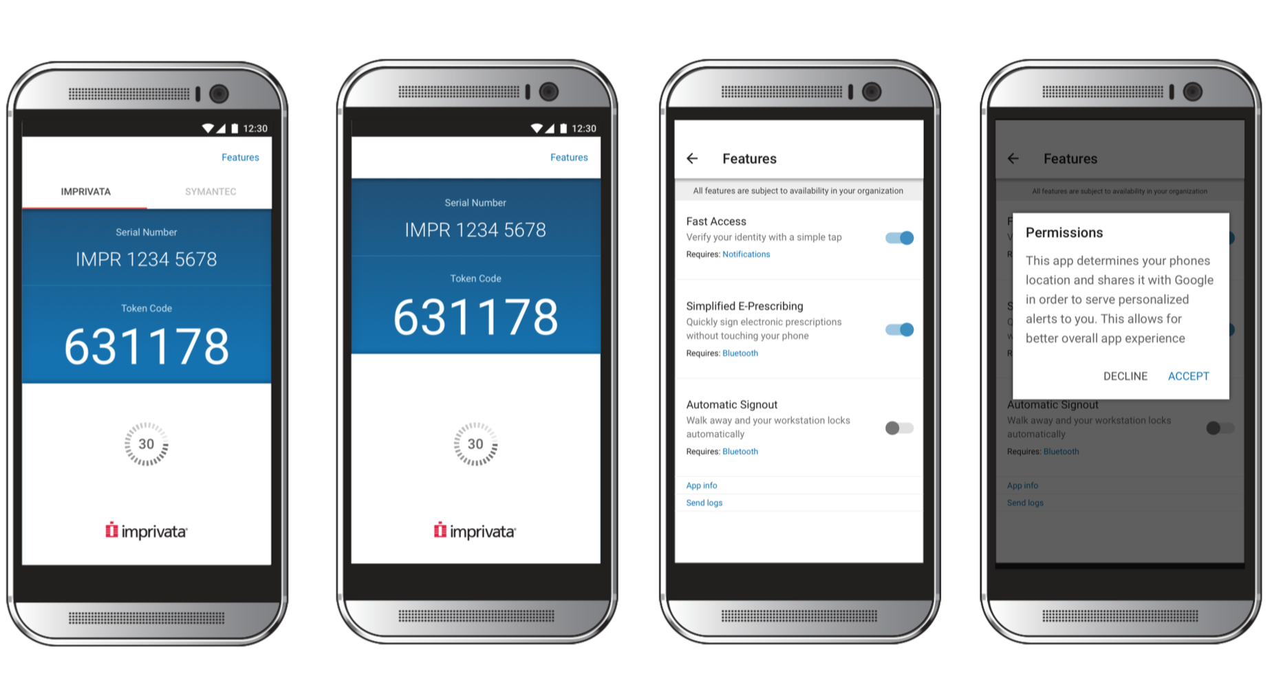 Imprivata ID Android app showing token code generation, features settings, and permissions screens across four devices